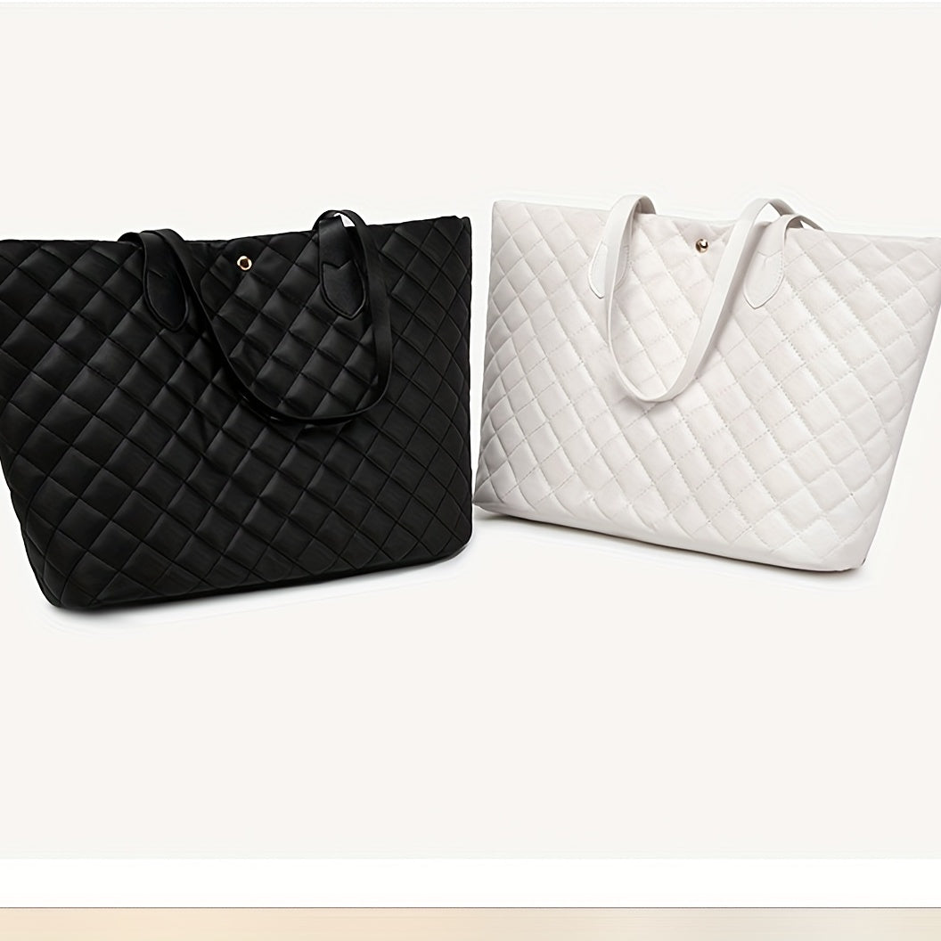 Argyle Quilted Tote Bag Large Capacity Stylish PU Leather Handbag