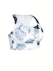  Leaf Print Shockproof Racer Back Sports Bra