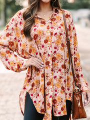  Floral Print Button Up Long Sleeve Blouse