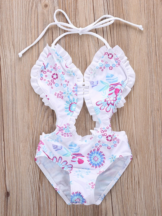 Toddler Girls Flowers Halter One Piece Swimsuit