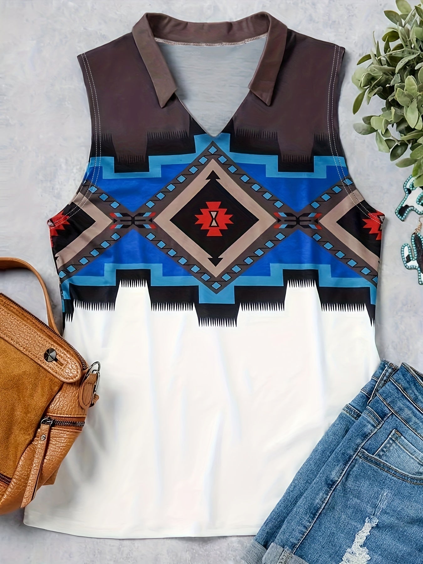 Geo Print Polo Neck Tank Top Vintage Sleeveless Tank Top