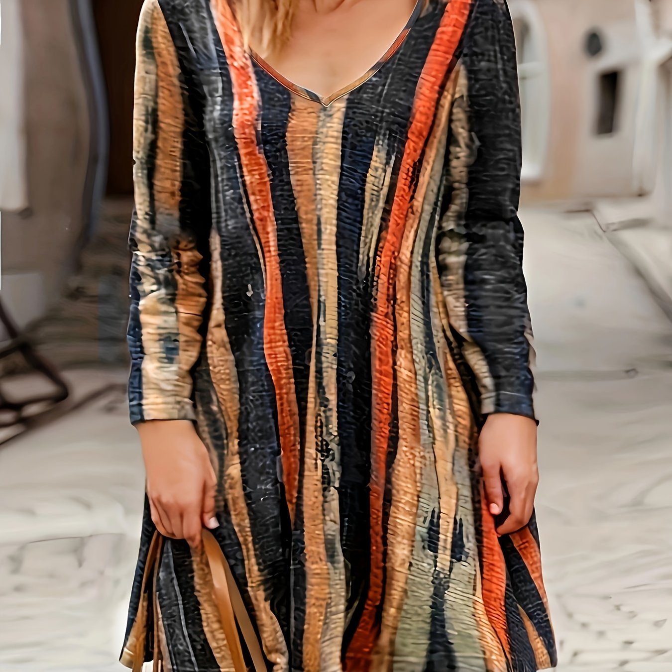  Boho Dress Women's Stripe Print Long Sleeve V Neck Mini Dress
