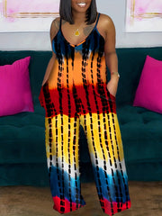  Tie Dye V Neck Wide Leg Jumpsuit
