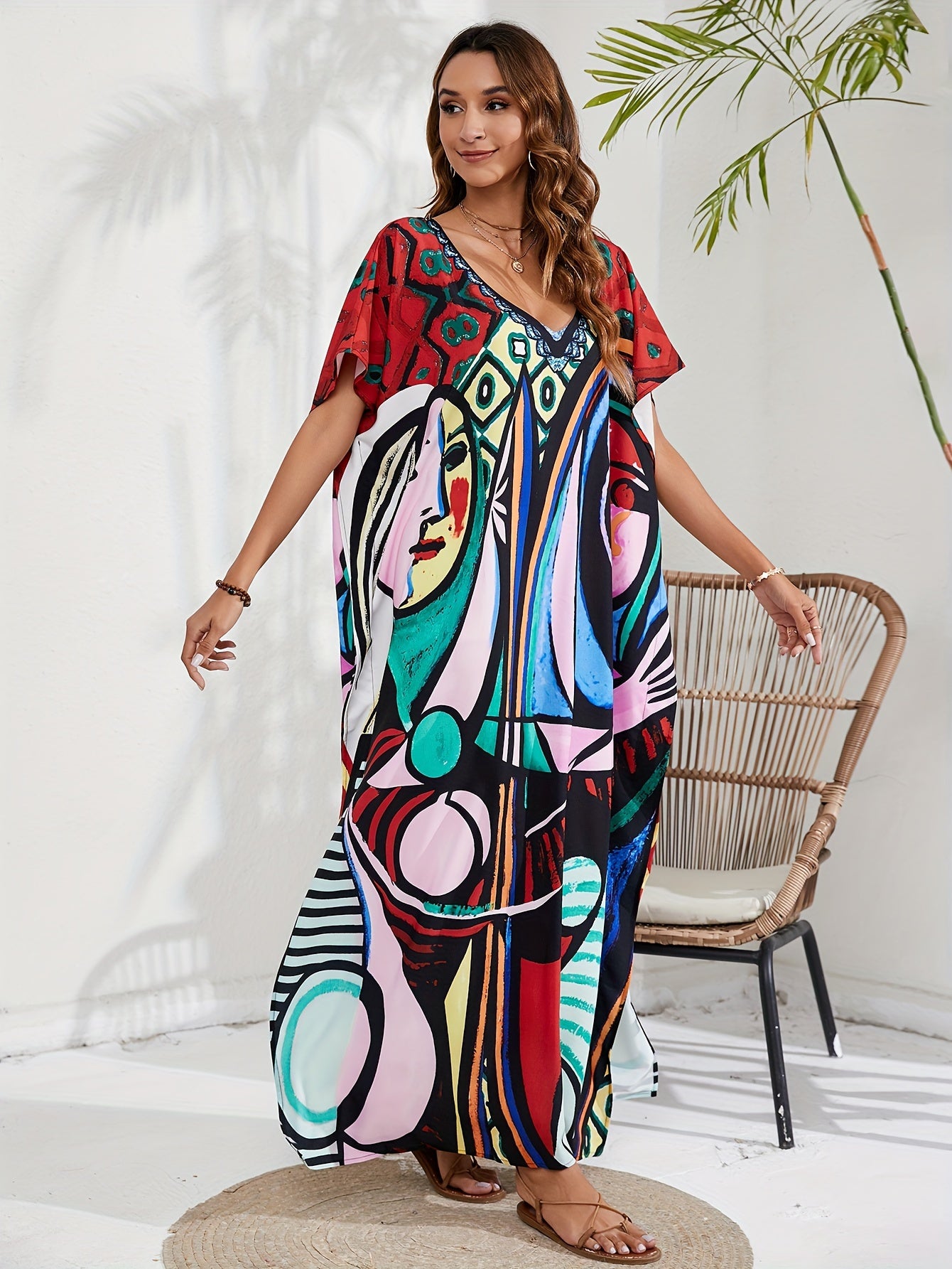  Abstract Face Print Kaftan Maxi Cover Up