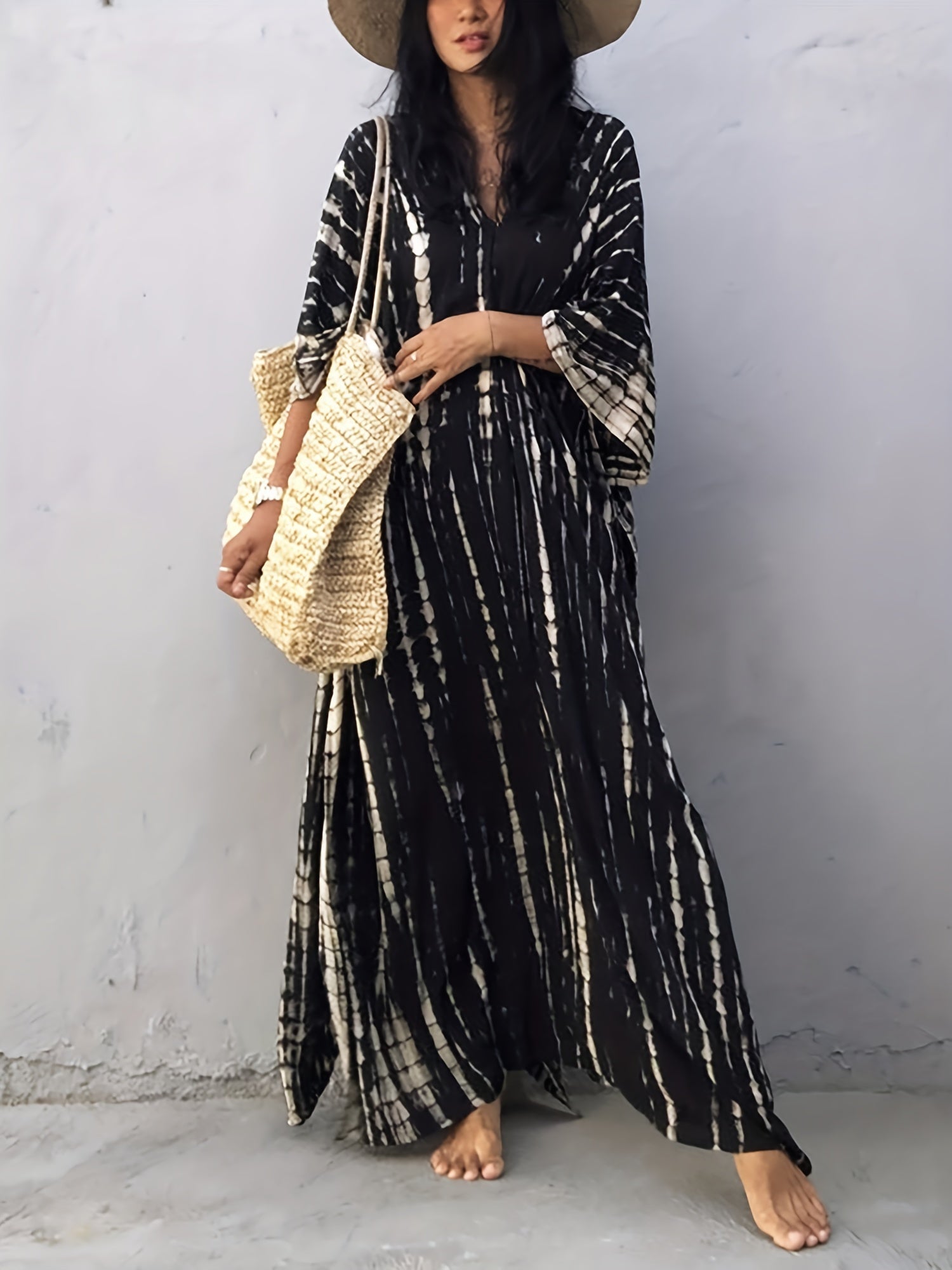  Boho Cover Up Women's Plus Striped Maxi Kaftan Cover Up Dress