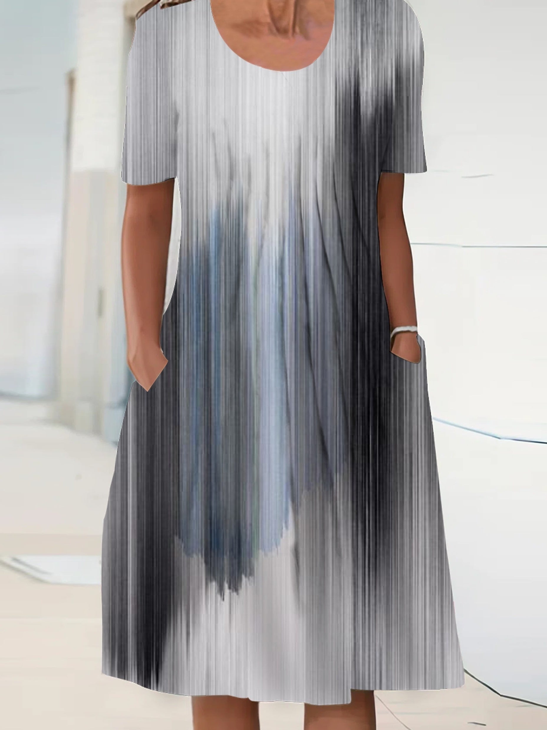  Random Print Short Sleeve Casual Dress with Pockets