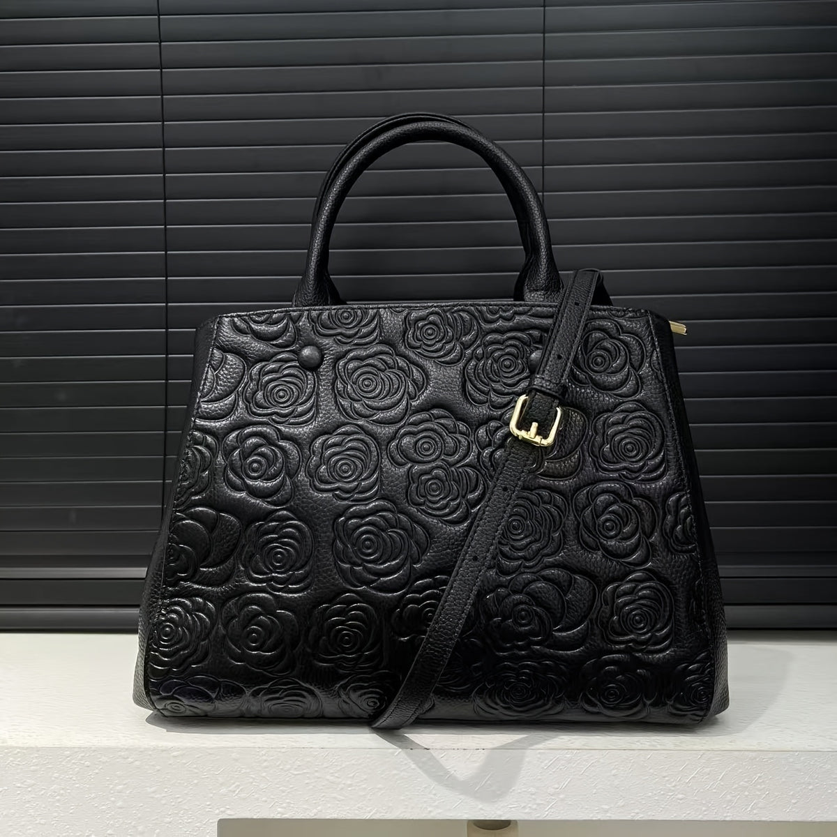 Floral Embossed Leather Tote Bag with Zipper Closure
