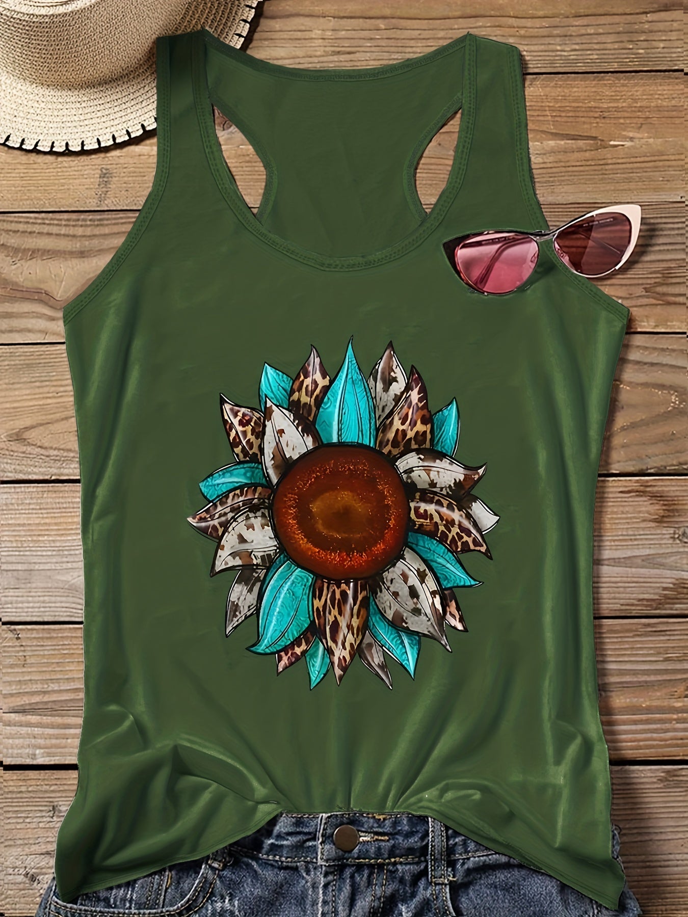  Casual Tank Top Women's Plus Leopard Sunflower Letter Print