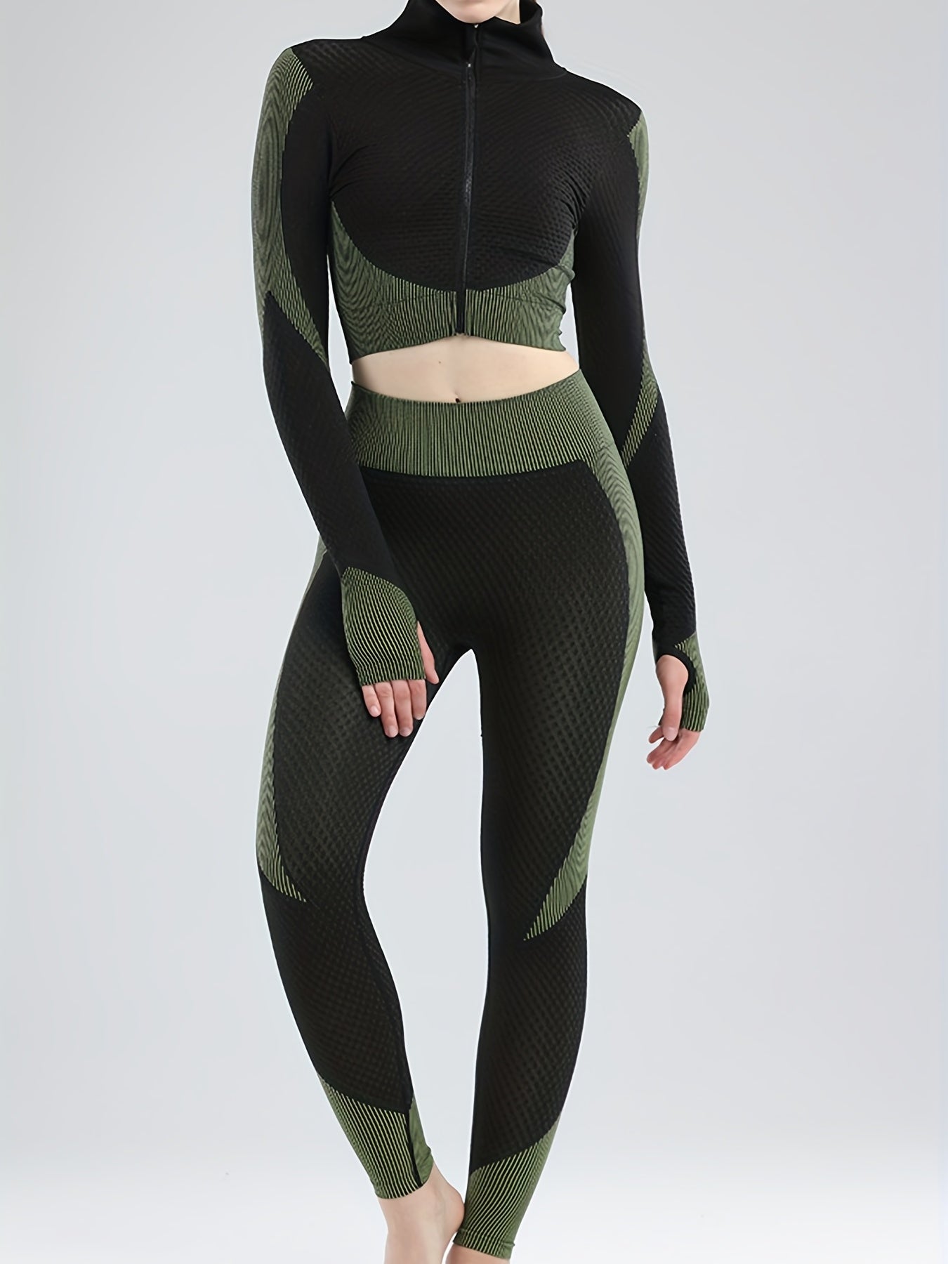 High Stretch Yoga Suit Long Sleeves Jacket & Crop Tank Top & Leggings Set
