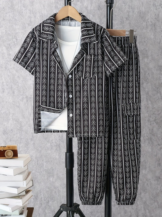 Boy's Geometric Print 2pc Shirt & Pants Set