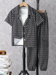 Boy's Geometric Print 2pc Shirt & Pants Set