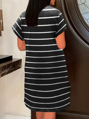  Stripe Print V Neck Dress With Pockets