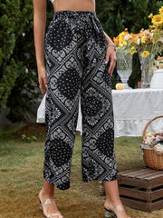 Patchwork Print Belted High Rise Wide Leg Crop Trousers