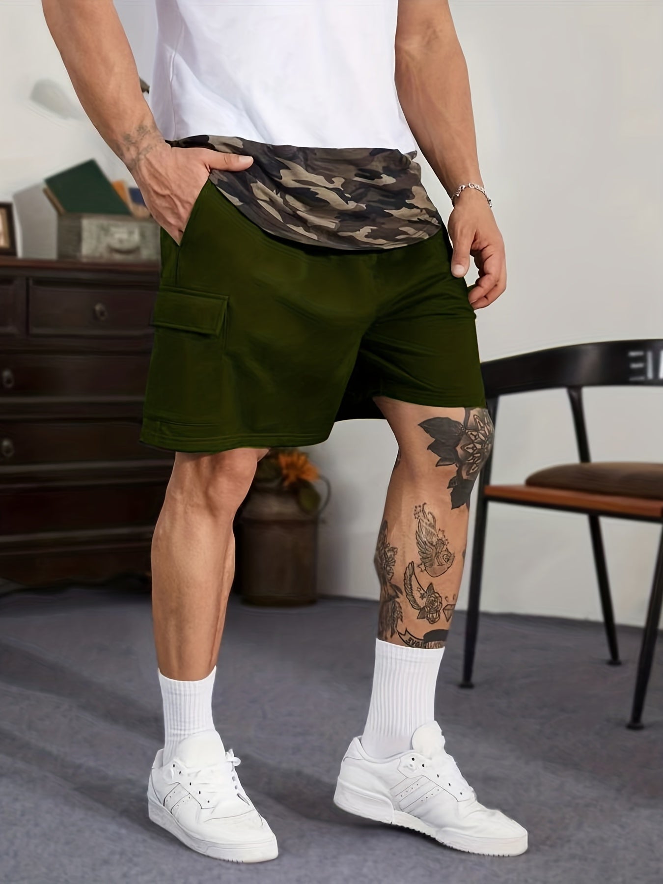 Men's Cargo Short Pants Drawstring Flap Pocket Loose Shorts