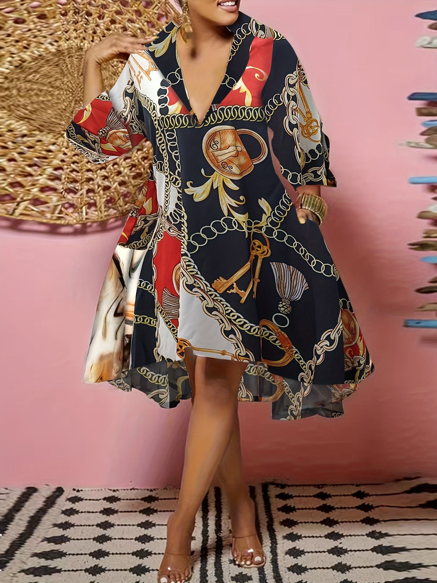 Plus Size Chain Print V Neck Dress With Pockets