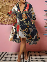 Plus Size Chain Print V Neck Dress With Pockets