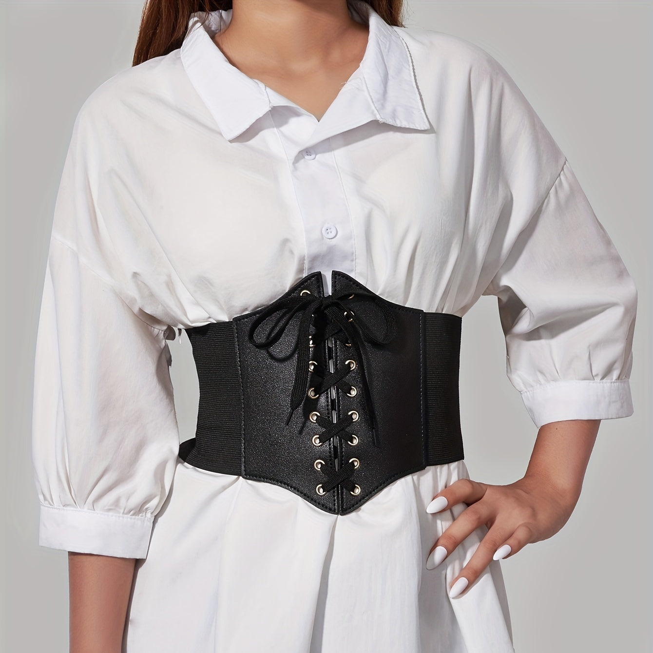 Gothic Lace Up Wide PU Belt Punk Bowknot Elastic Corset Waspie Belt