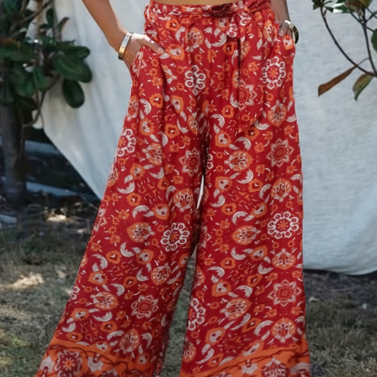  Boho Pants Women's Plus Floral Paisley Print Wide Leg Loose Pants