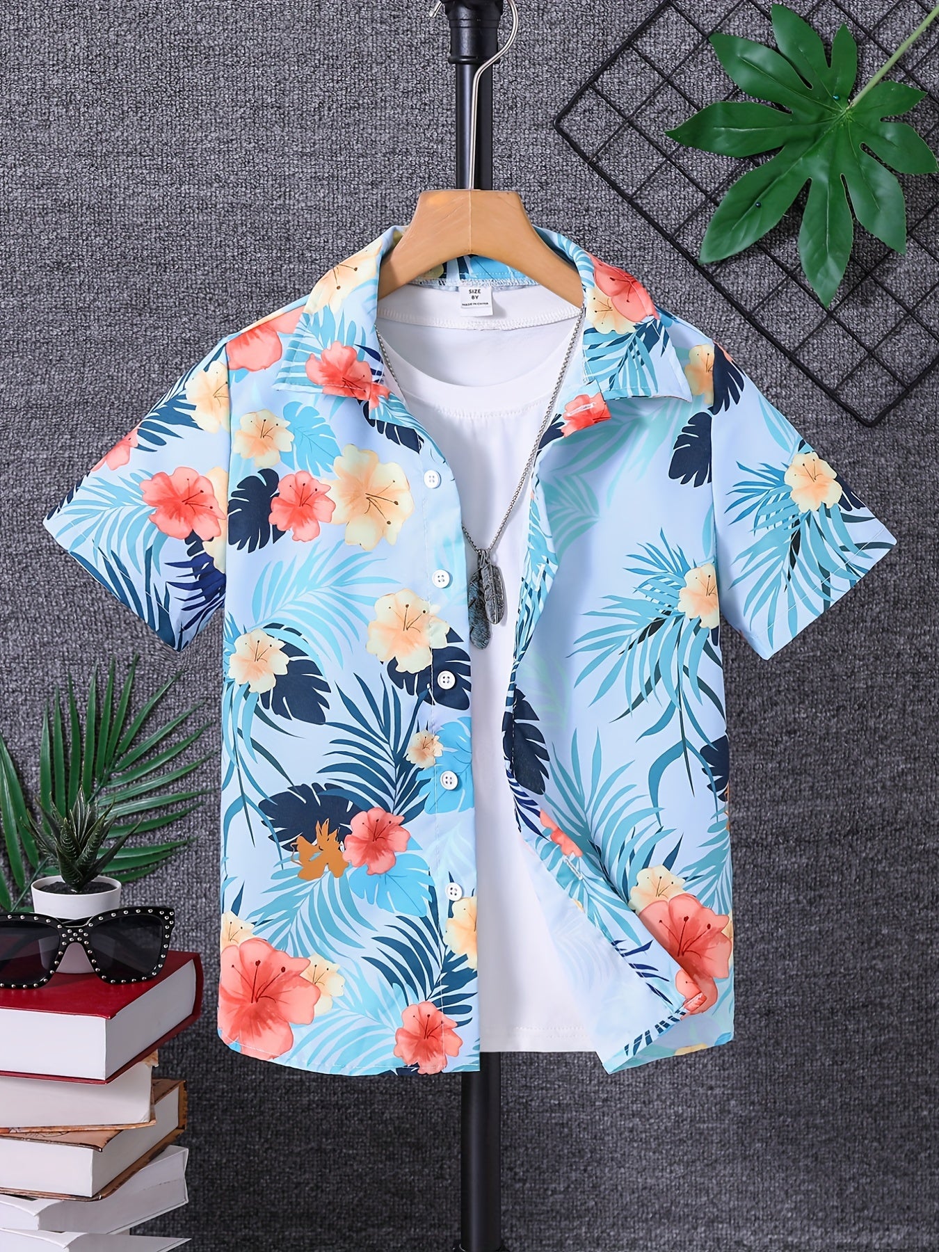 Boys' Hawaiian Shirt Short Sleeve Flower & Leaves Graphic Tee Kids Summer Top