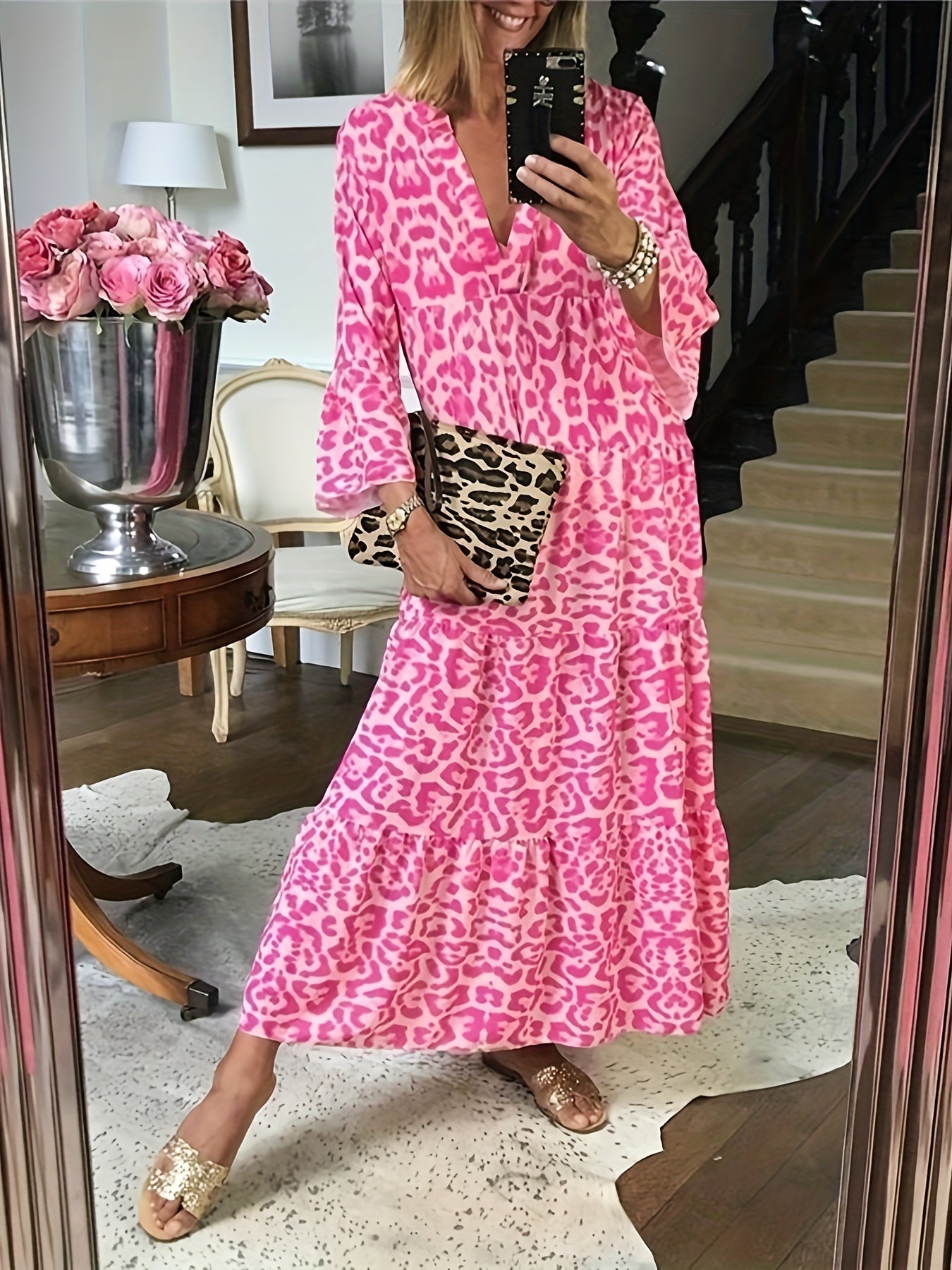  Women's Floral Print Bell Sleeve Maxi Dress