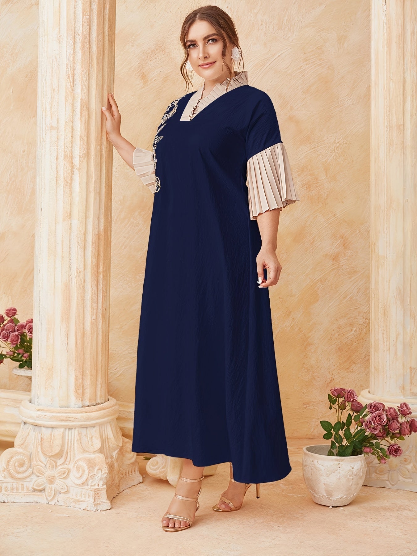 Floral Embroidered Sleeve V Neck Maxi Dress
