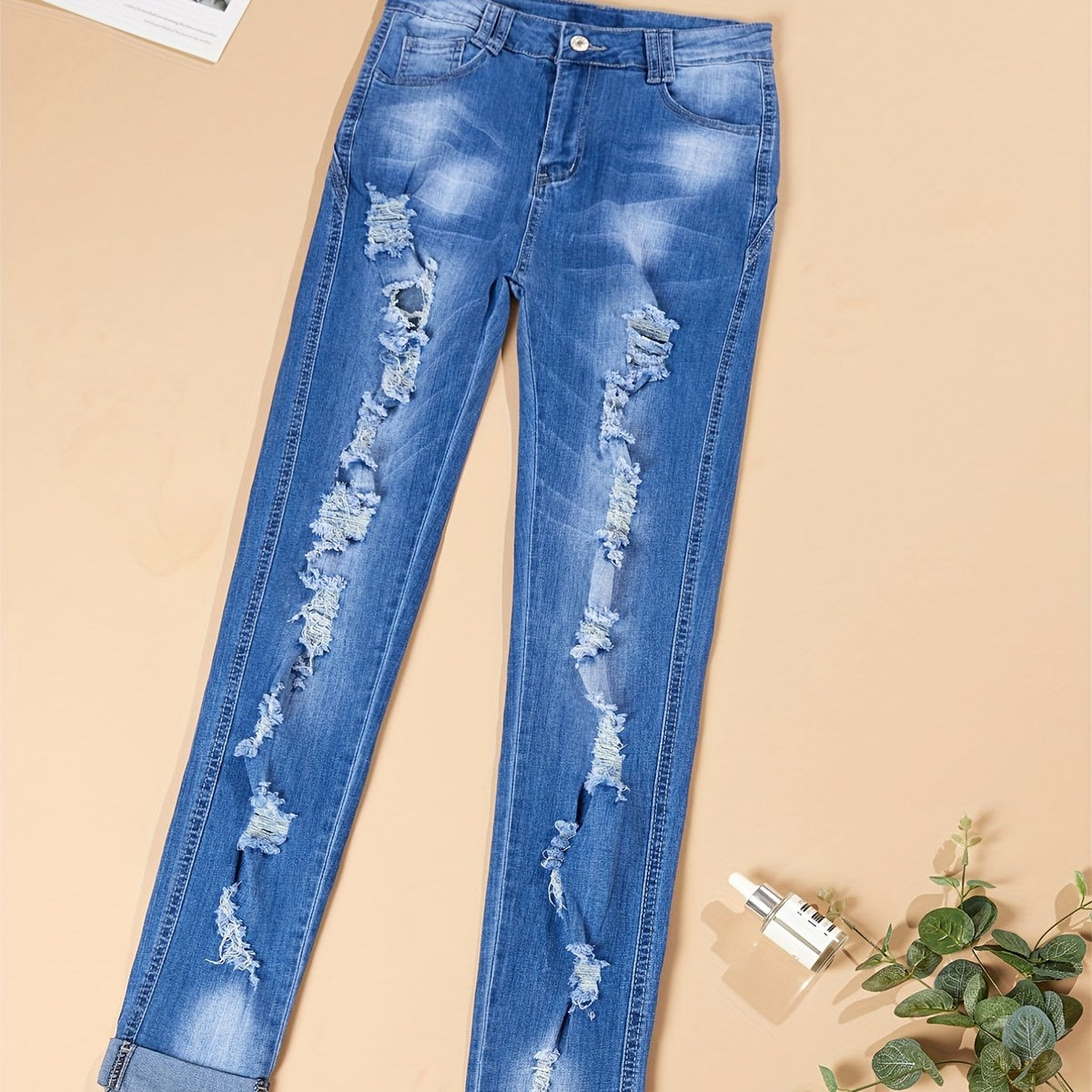 Mid Stretch Distressed Denim Pants Women's Denim Jeans & Clothing