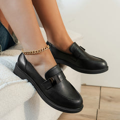 Women's Round Toe Loafers Slip On Block Low Heels Faux Leather Shoes