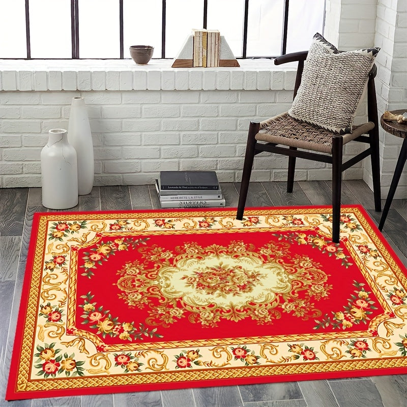 Red Floral Pattern Area Rug Non Slip Floor Mat Coffee Table Rectangle Carpet