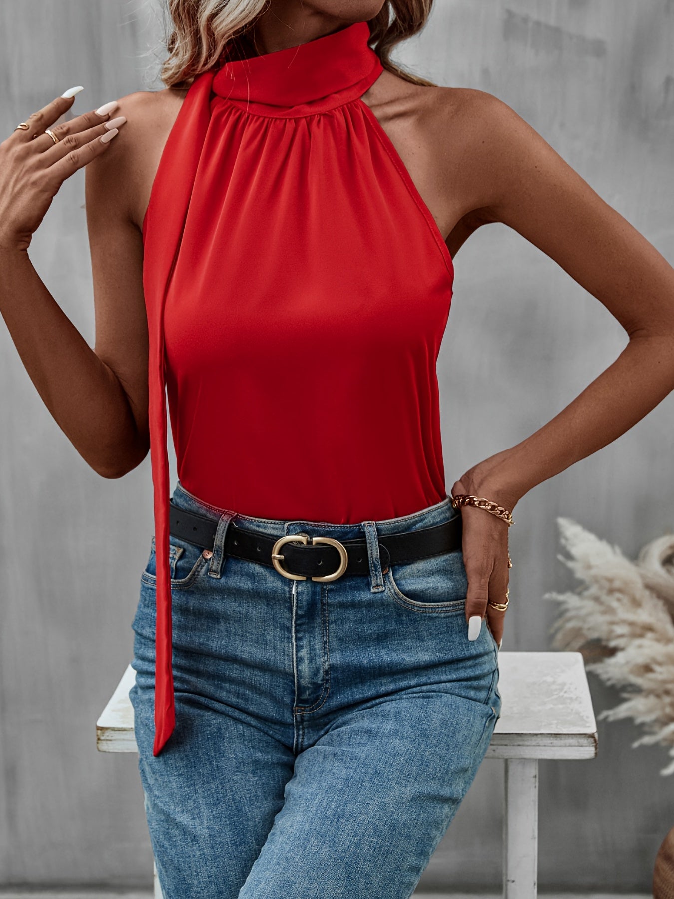 Solid Tie Neck Halter Top Casual Sleeveless Top
