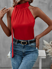 Solid Tie Neck Halter Top Casual Sleeveless Top