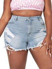  Ripped High Rise Button Fly Denim Shorts