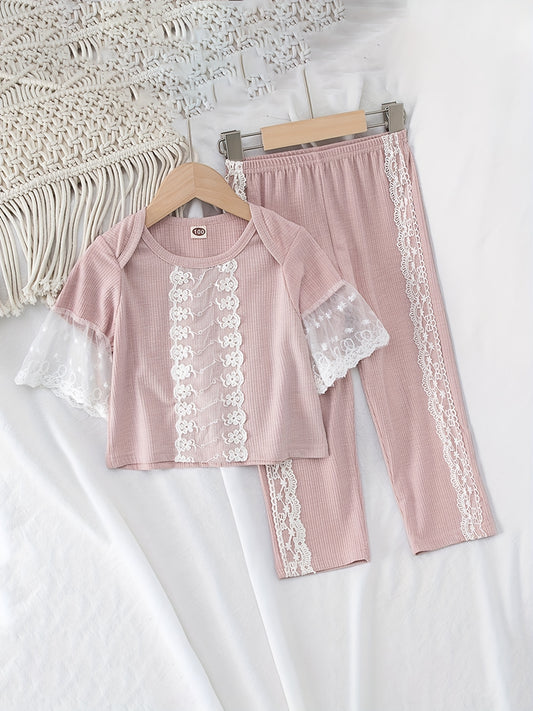 Girls 2pcs Flared Sleeve Top & Pants Pajama Set
