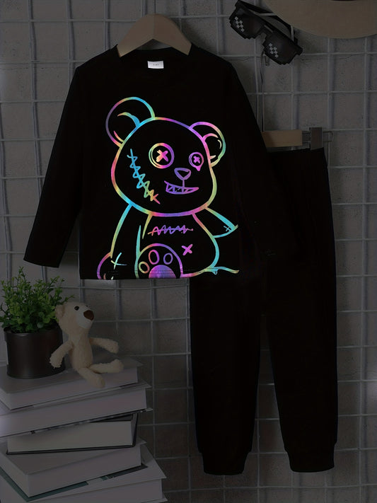 Boy's Bear Pattern Outfit 2pcs Long Sleeve Top & Sweatpants Set