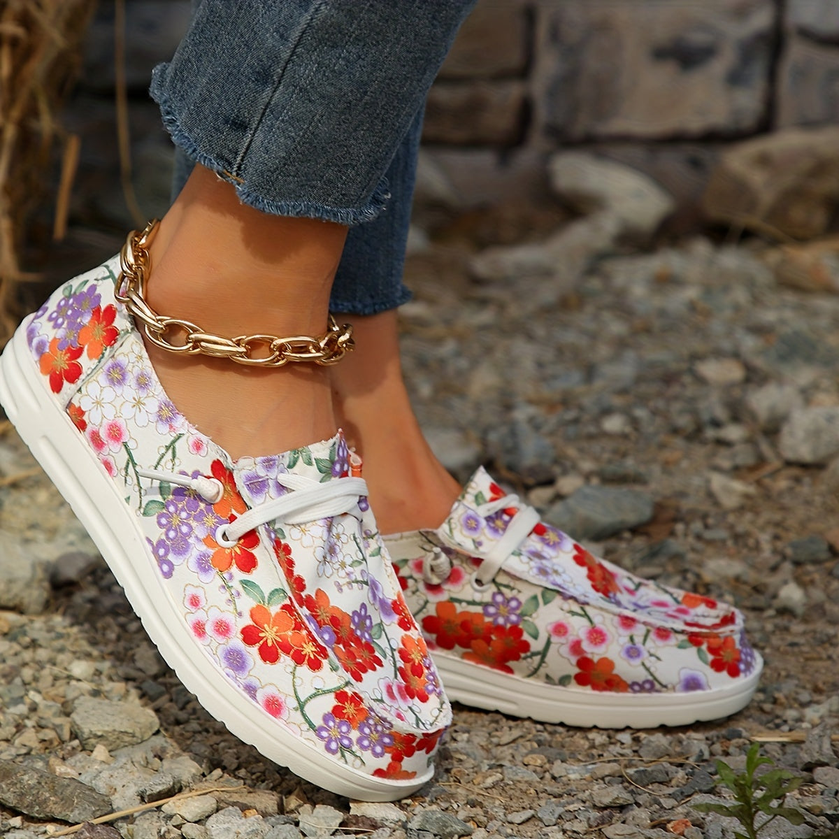 Women's Floral Canvas Slip-On Sneakers Casual Lightweight Shoes