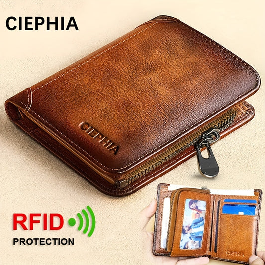 RFID Blocking Short Leather Wallet with Zipper