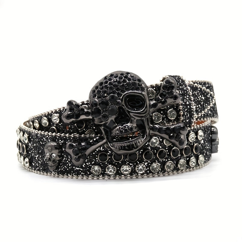 Skull Rhinestone Belt Hip Hop Punk PU Leather Belt Sparkle Studded Belts
