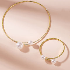 Rhinestone Faux Pearl Collar Necklace & Bracelet Set