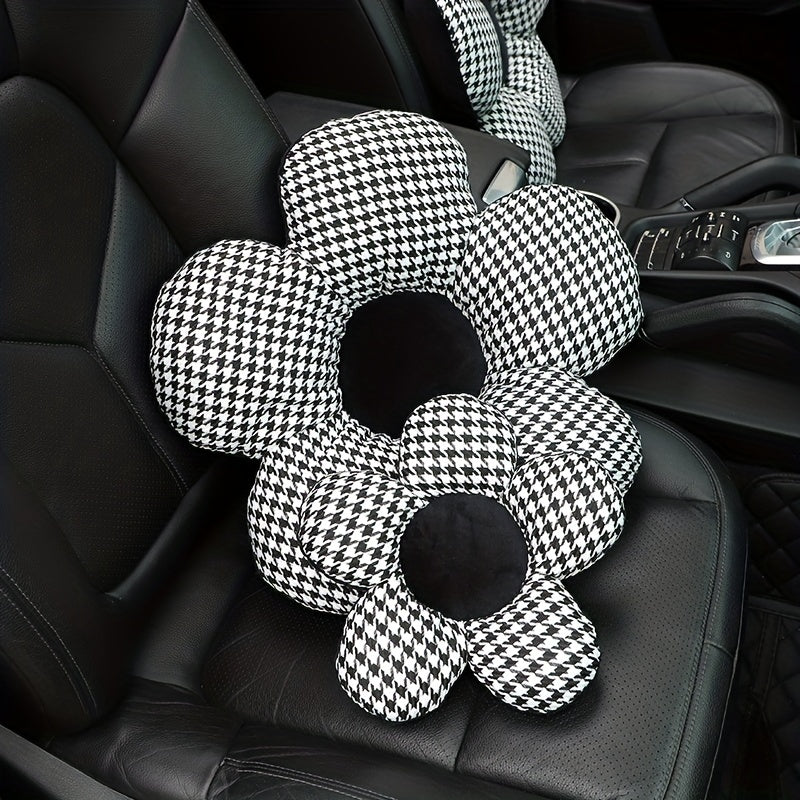 Stylish Houndstooth Flower Headrest Cushion & Waist Pad Car Accessory