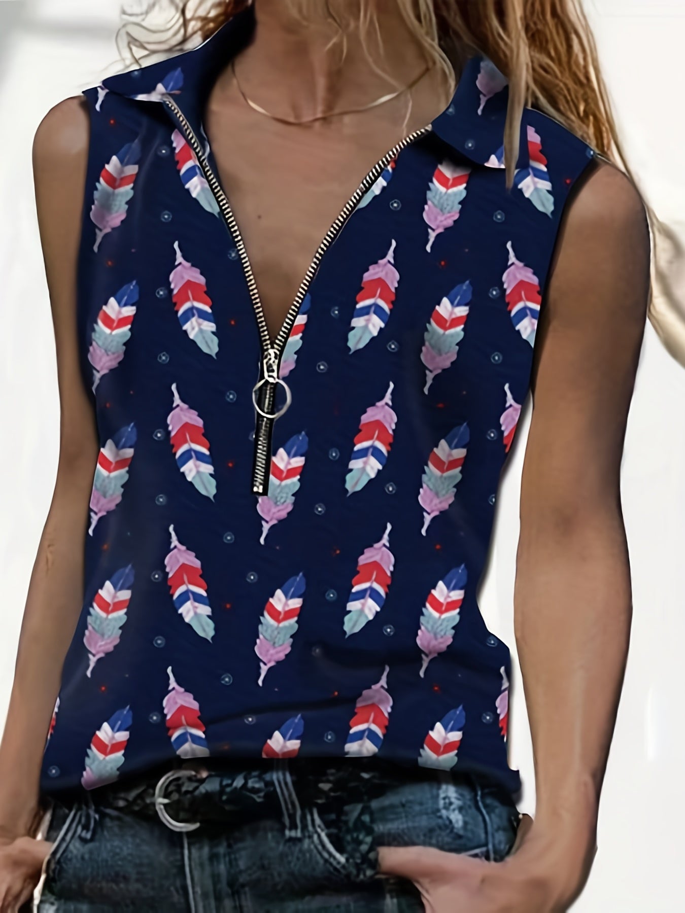 Feather Print Zipper Tank Top Women's Sleeveless Summer Casual Tank Top