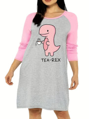  Women's Dinosaur Print Raglan Sleeve Round Neck Tee Sleep Dress