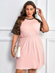  Colorblock Leopard Print Short Sleeve Dress