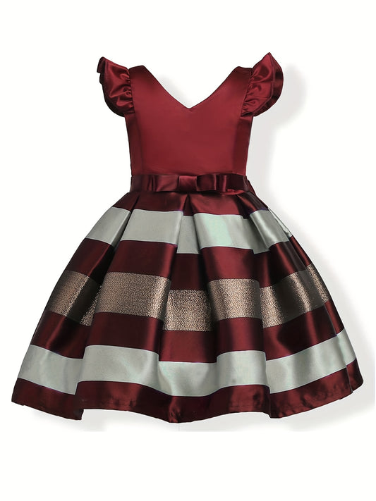 Toddlr Girls Striped Princess Dress Gown Ruffle Trim Bow Piano Performance