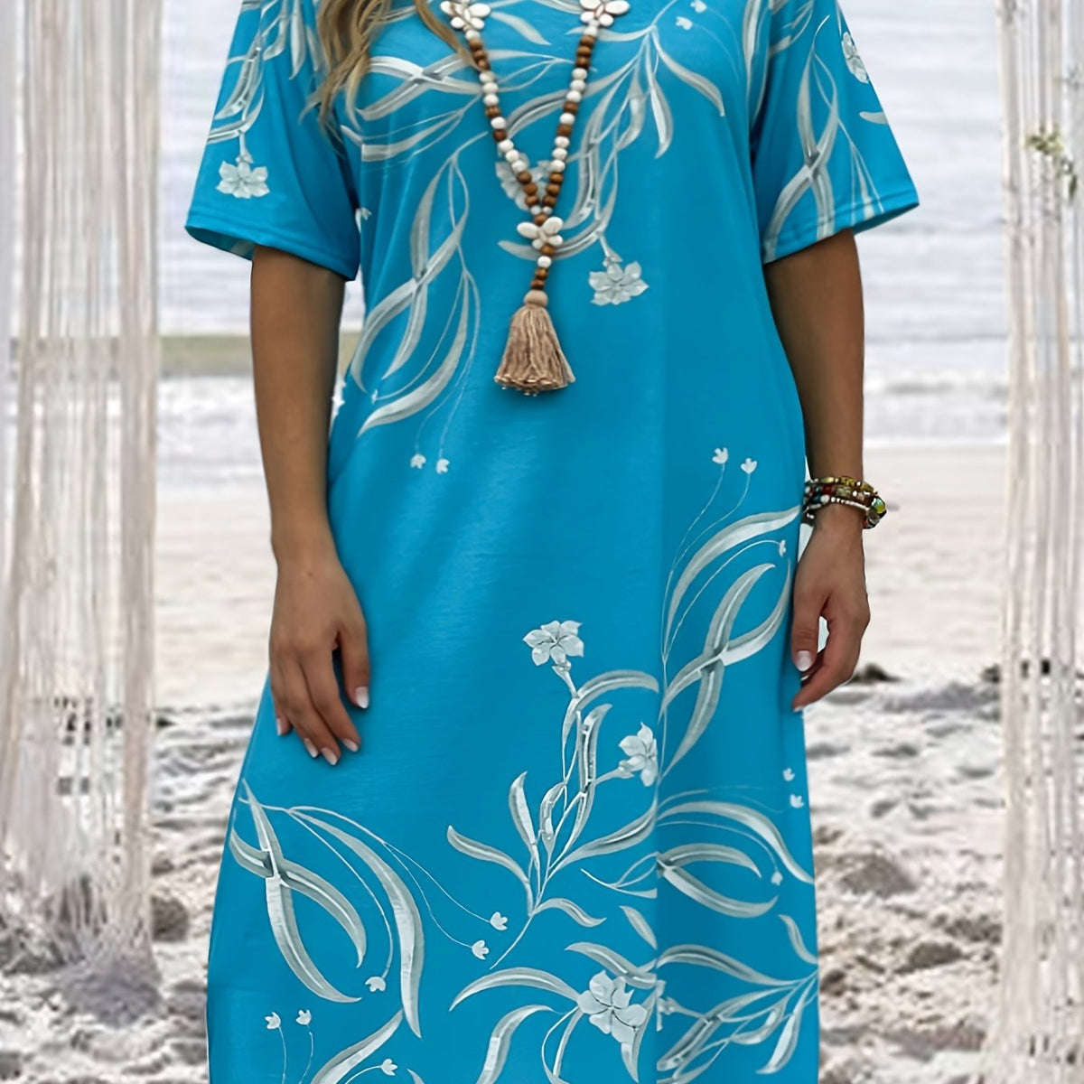  Boho Dress Women's Plus Floral Print Midi T shirt Dress