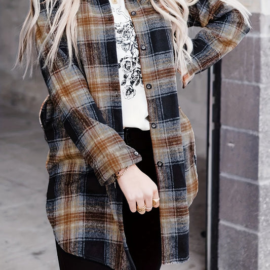  Plaid Print Long Sleeve Button Up Blouse