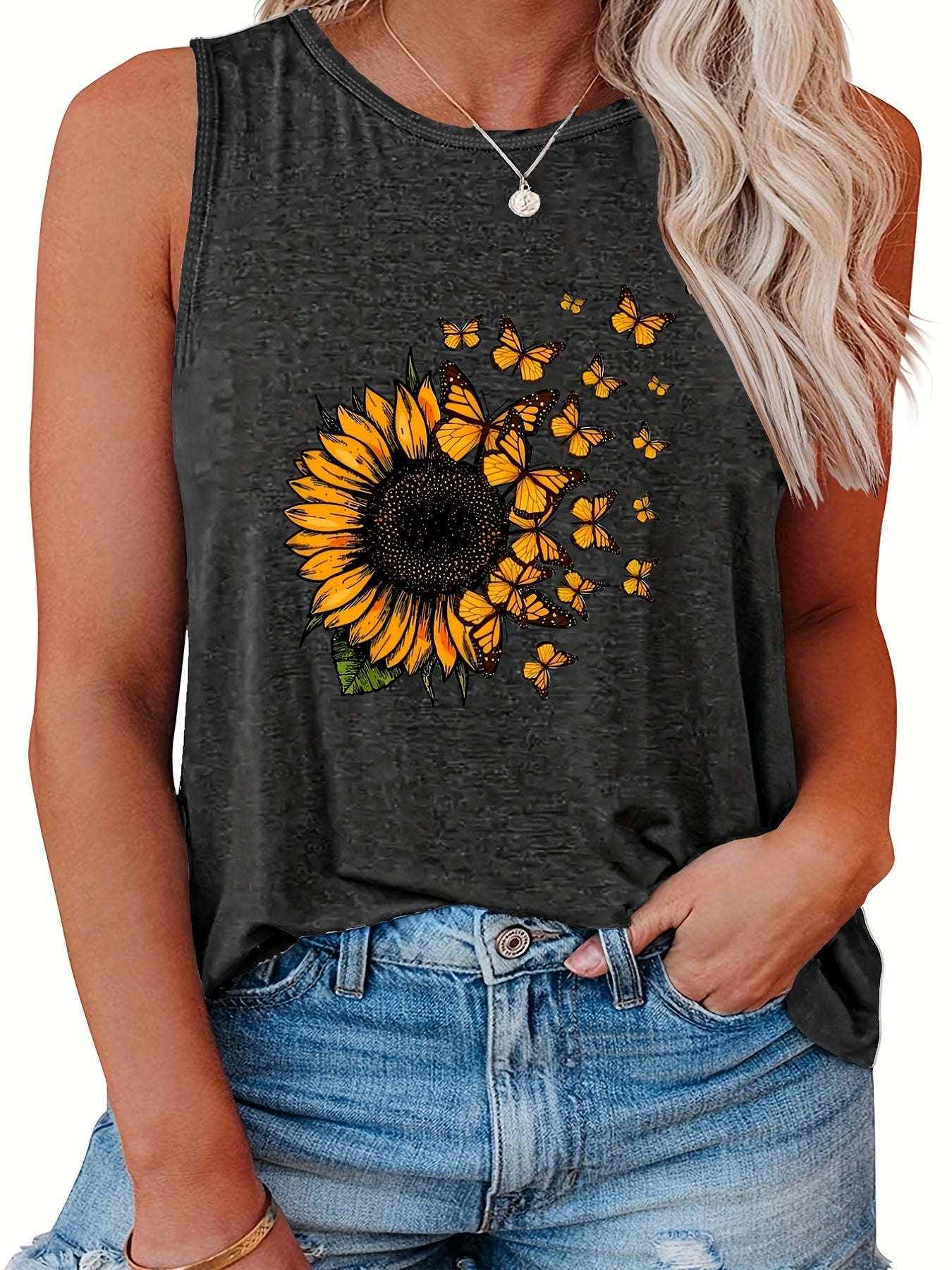  Sunflower Print Tank Top Round Neck Casual Tank
