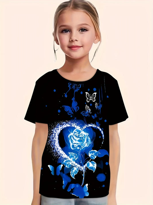 Rose Heart Butterfly Print Short Sleeve T-shirt Girls Summer Sports Clothes