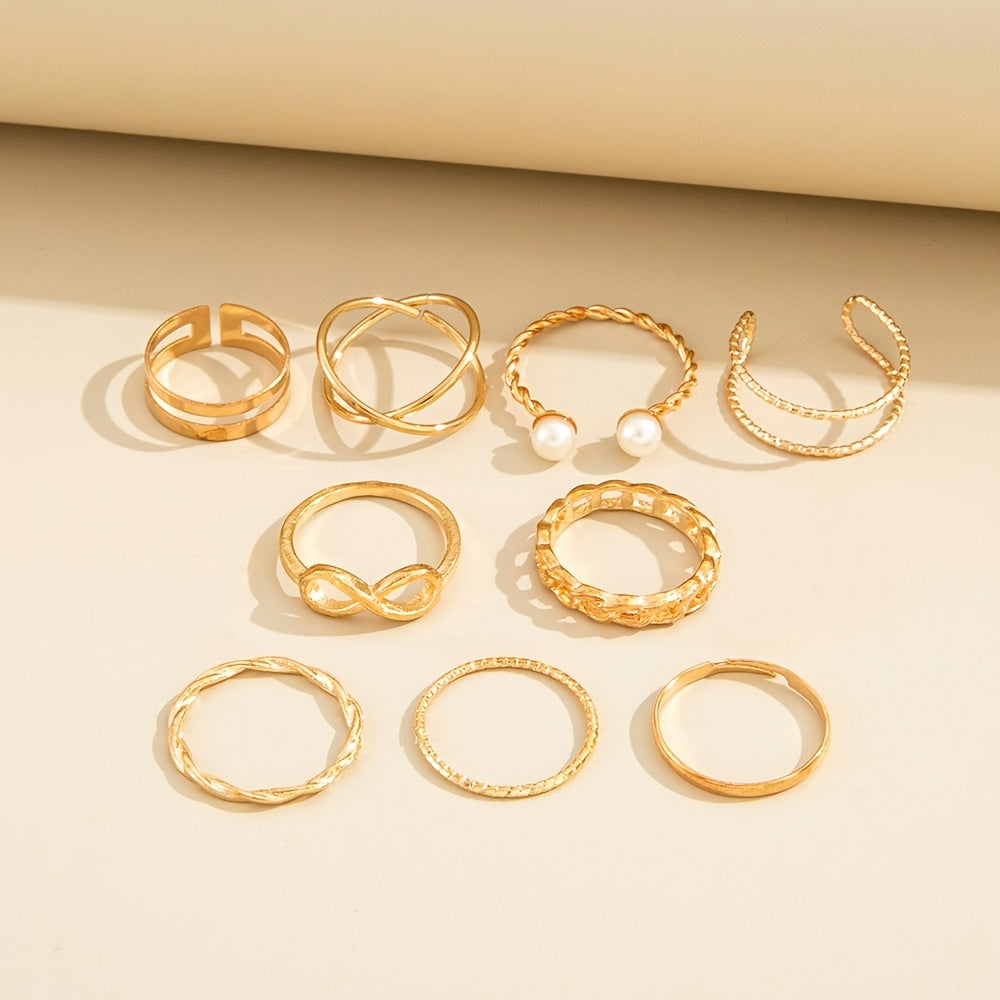 Vintage Pearl Twist Ring Set, 9 Pcs