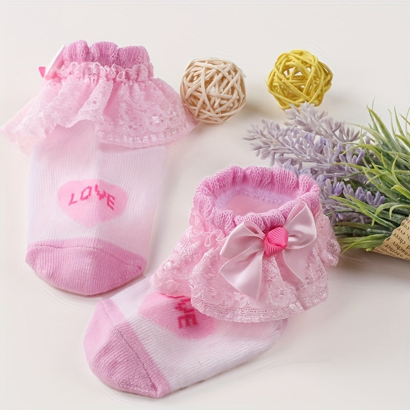 3 Pairs Kids Heart Graphic Lace Trim Princess Crew Socks