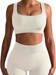 2pcs Ribbed Workout Sets Square Neck Sports Tank Top Bra & High Waist Solid