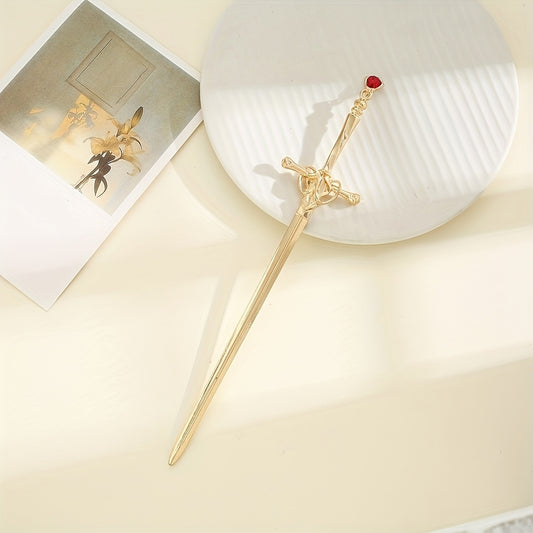 Ancient Style Sword Model Hairpin With Red Rhinestone